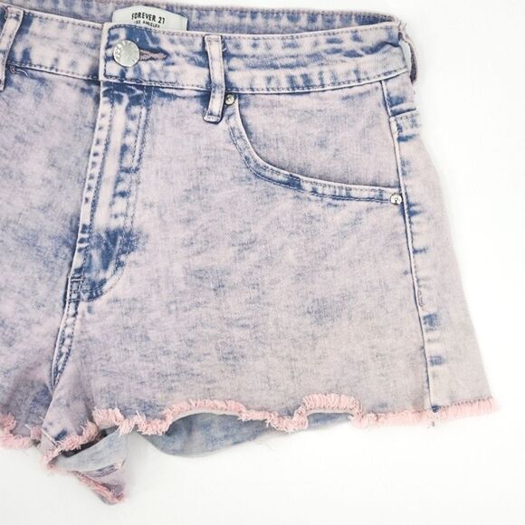 Forever 21 High Waist Cutoff Denim Jean Shorts Women Size 27 Pink Blue Acid Wash - Picture 3 of 10